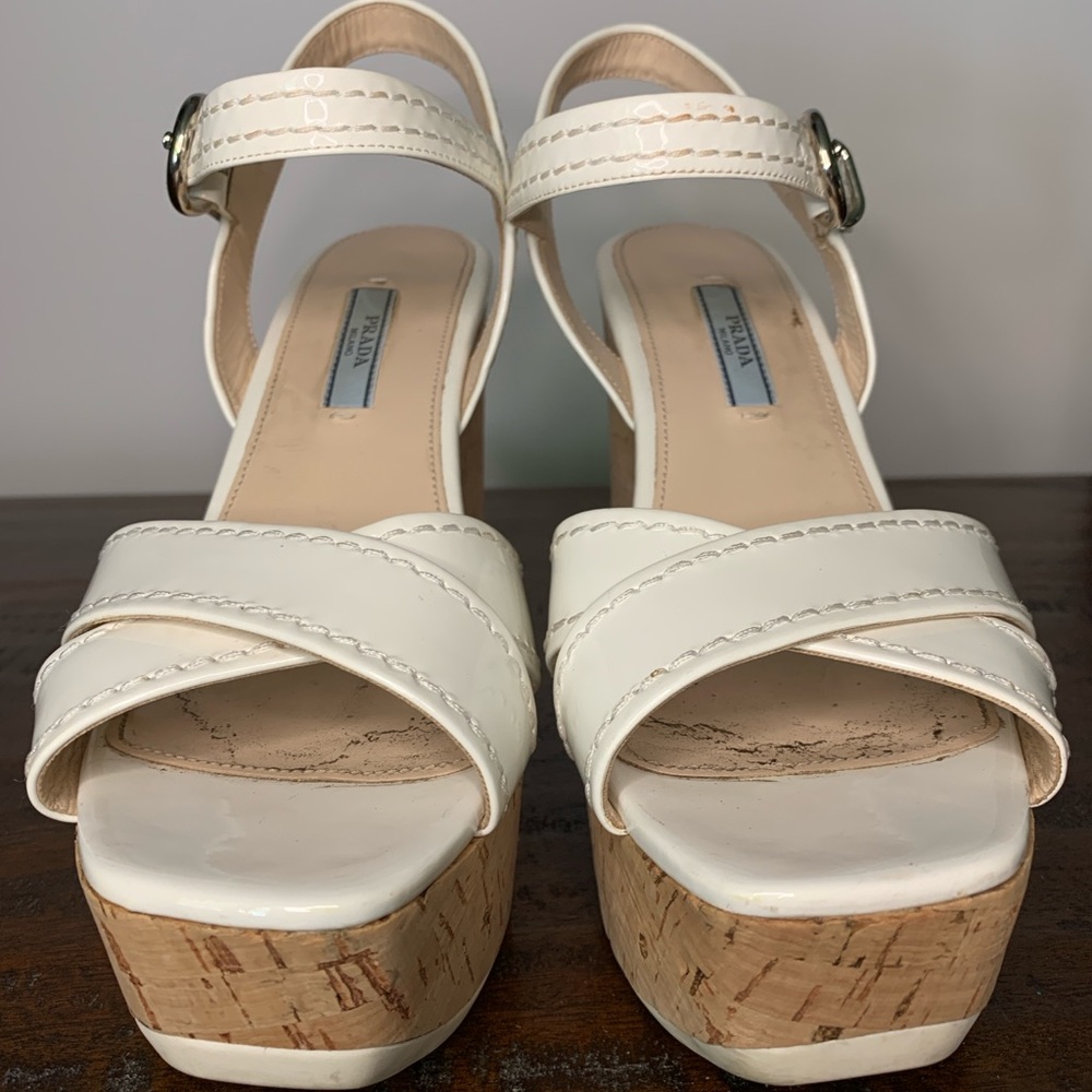 Prada White Wedge Sandals with Crisscross Straps Size 8.5 - Picture 4 of 10